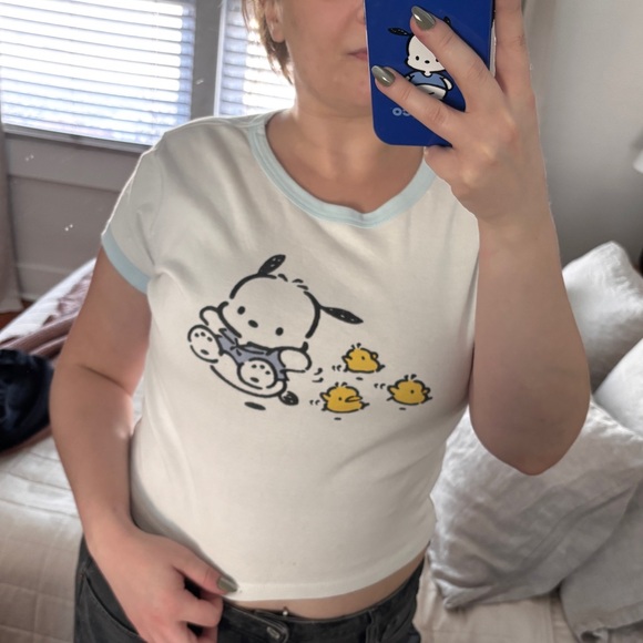 Sanrio Pochacco Ringer Baby Tee Cropped Light Blue - Picture 1 of 5